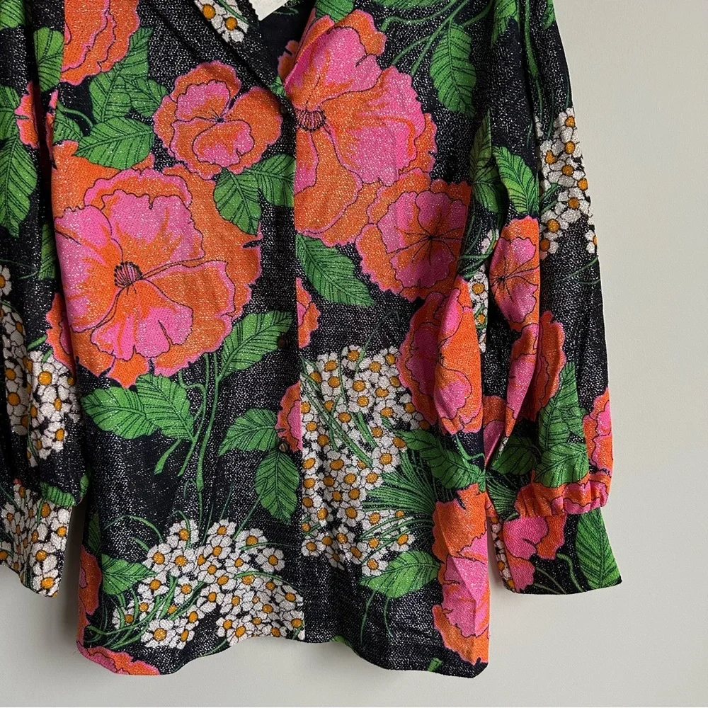 Vintage 70s Elaine Sklar Lingerie Co Metallic Floral Print 2 Piece Lounge Set M - Picture 4 of 11